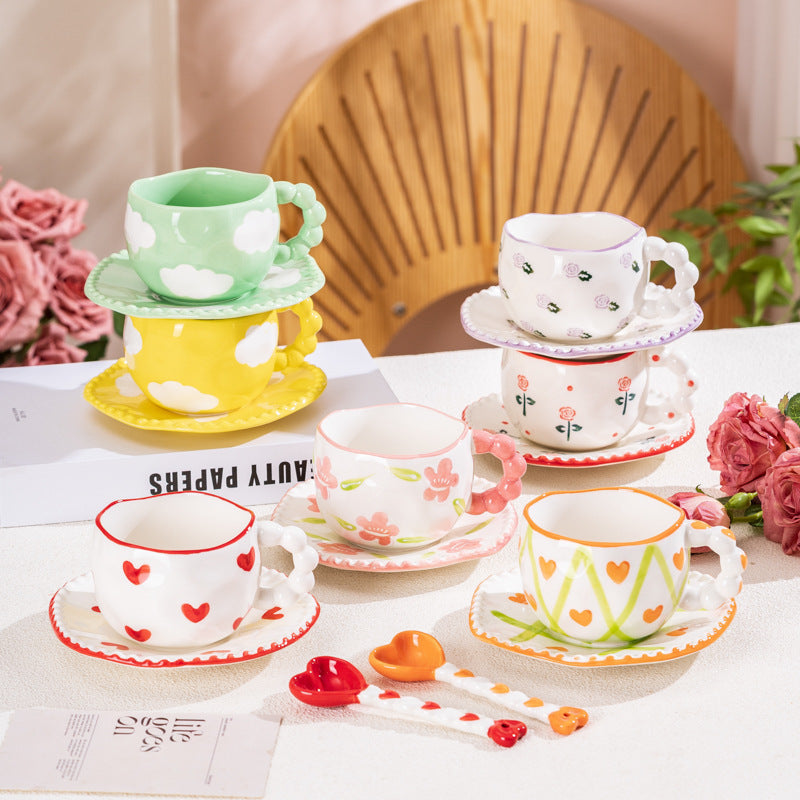 Hand-Painted Ceramic Coffee Mug and Saucer Set - Whimsical Afternoon Tea Cup with Spoon(White cloud-pink)