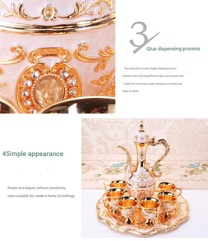 Elegant Gold Metal Serving Set - Decanter, 6 Cups, Tray (Golden Red)