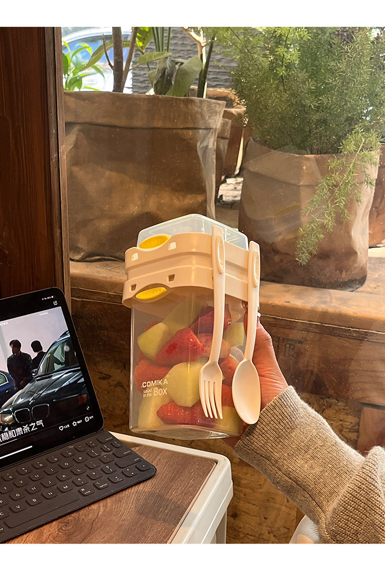 White Portable salad cup with ingredient compartment and fork and spoon - enjoy breakfast on the go
