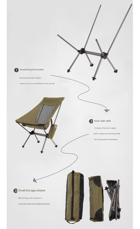 Khaki Lightweight Portable Folding Camping Chair - High-Back Aluminum Alloy Moon Chair with Oxford Fabric, Side Pocket & Carry Bag for Outdoor, Beach, Fishing