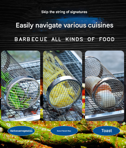 Silver 2-Piece Rolling Stainless Steel BBQ Grill Basket Set (Small & Large) - 304 Food-Grade Grilling Cages with Hooks