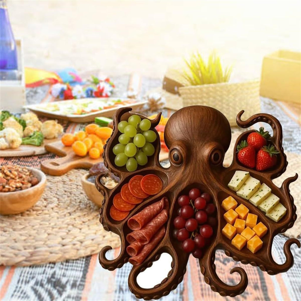 Style B Brown Artisan Crafted Solid Wood Octopus Charcuterie Board - Unique Appetizer & Cheese Serving Platter