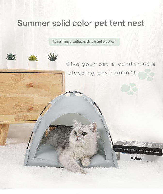 Grey Premium Portable Pet Tent Bed with Cooling Mat - Breathable Foldable Outdoor Indoor Cat Dog House Shelter for Summer(Size: L)