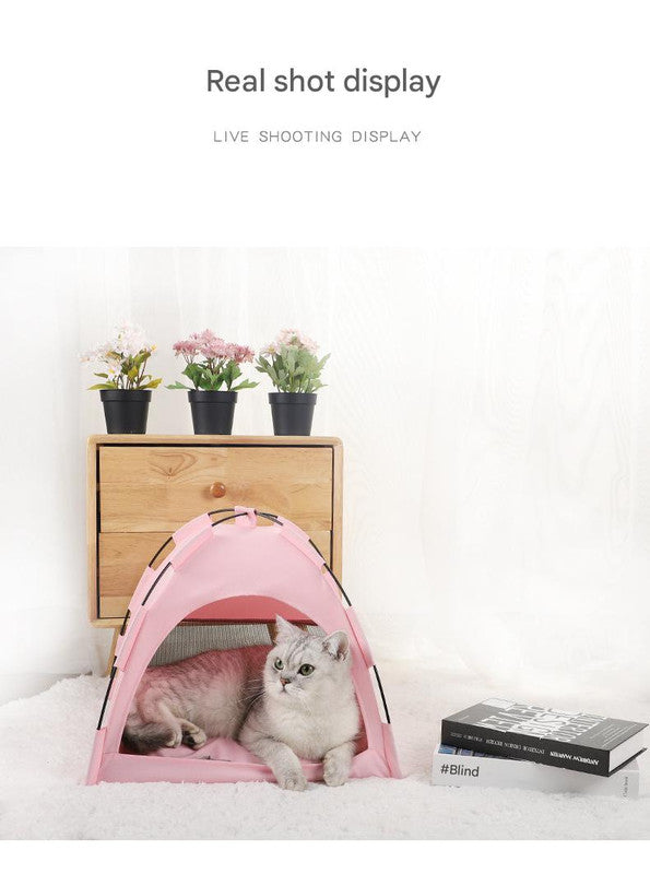Grey Premium Portable Pet Tent Bed with Cooling Mat - Breathable Foldable Outdoor Indoor Cat Dog House Shelter for Summer(Size: L)