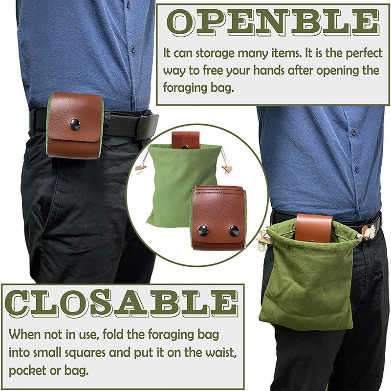Black Collapsible Canvas Foraging Pouch - Hands-Free Belt Bag for Hiking & Camping Activities