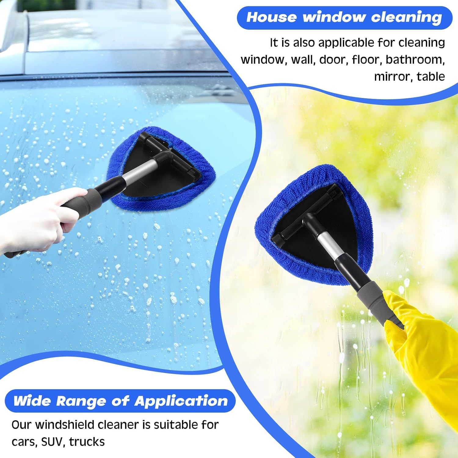 Black Car Windshield Cleaner Tool, Inside with 4 Reusable and Washable Microfiber Pads and Extendable Handle, Moisture Removal Tool