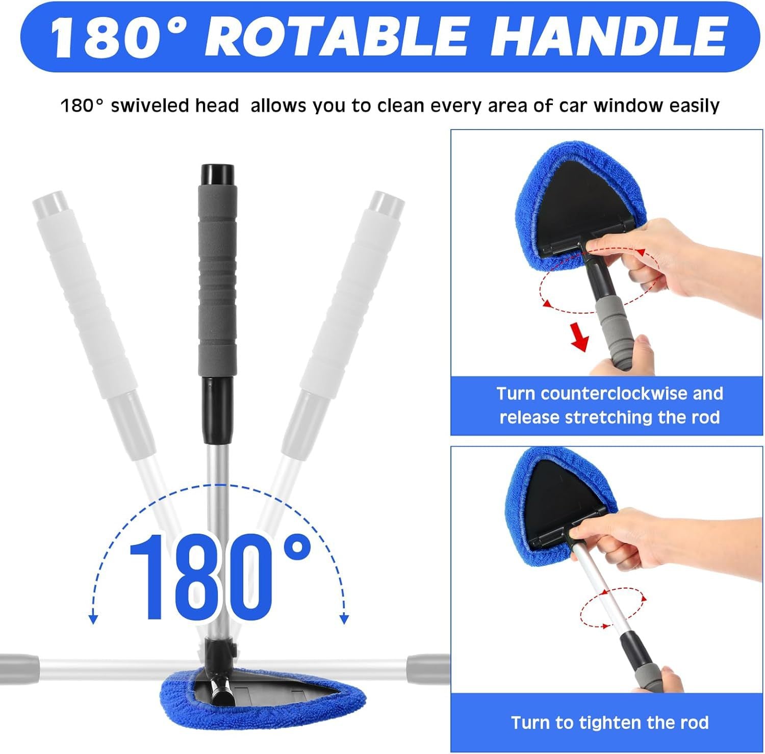 Red Car Windshield Cleaner Tool, Inside with 4 Reusable and Washable Microfiber Pads and Extendable Handle, Moisture Removal Tool