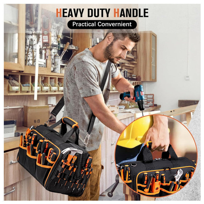 Heavy-Duty 17-Inch Tool Bag with 46 Pockets, Waterproof Base & Shoulder Strap(Black Orange)