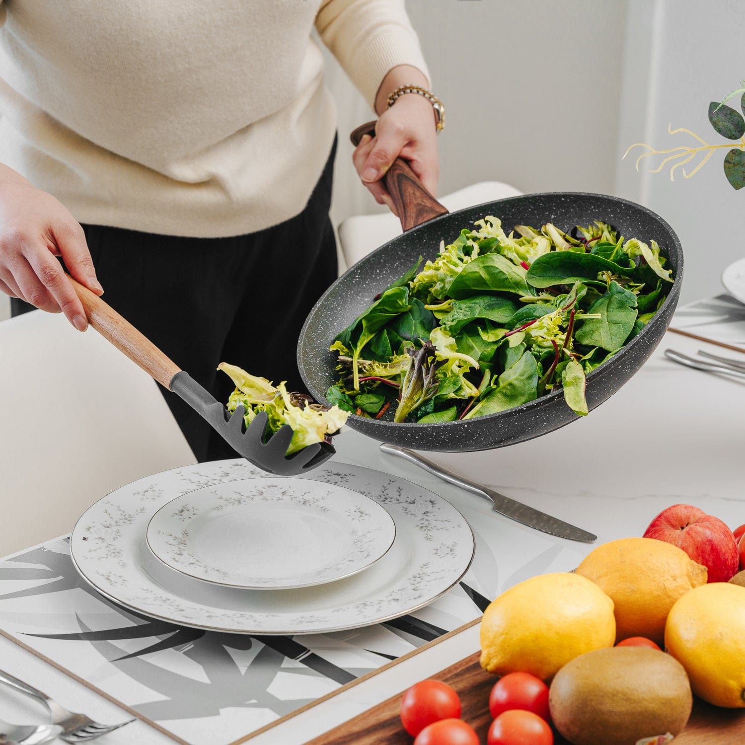 Beechwood & silicone pasta spoon charcoal