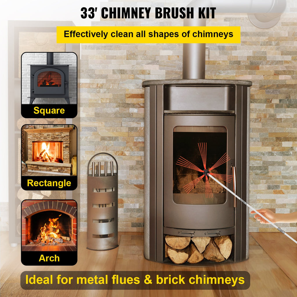 VEVOR Chimney Sweep Kit 33FT Chimney Cleaning Kit Nylon Sooteater Chimney Cleaning Kit Flexible Brush Head Chimney Sweeping Kit Easy Connecting Chimney Brush With 10 White Rods