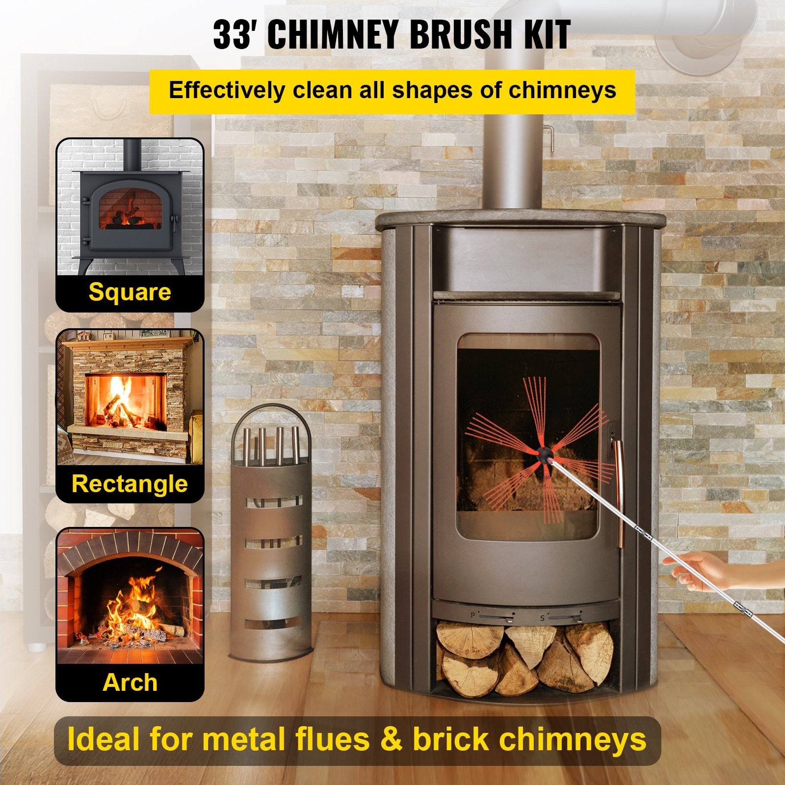 VEVOR Chimney Sweep Kit 33FT Chimney Cleaning Kit Nylon Sooteater Chimney Cleaning Kit Flexible Brush Head Chimney Sweeping Kit Easy Connecting Chimney Brush With 10 White Rods
