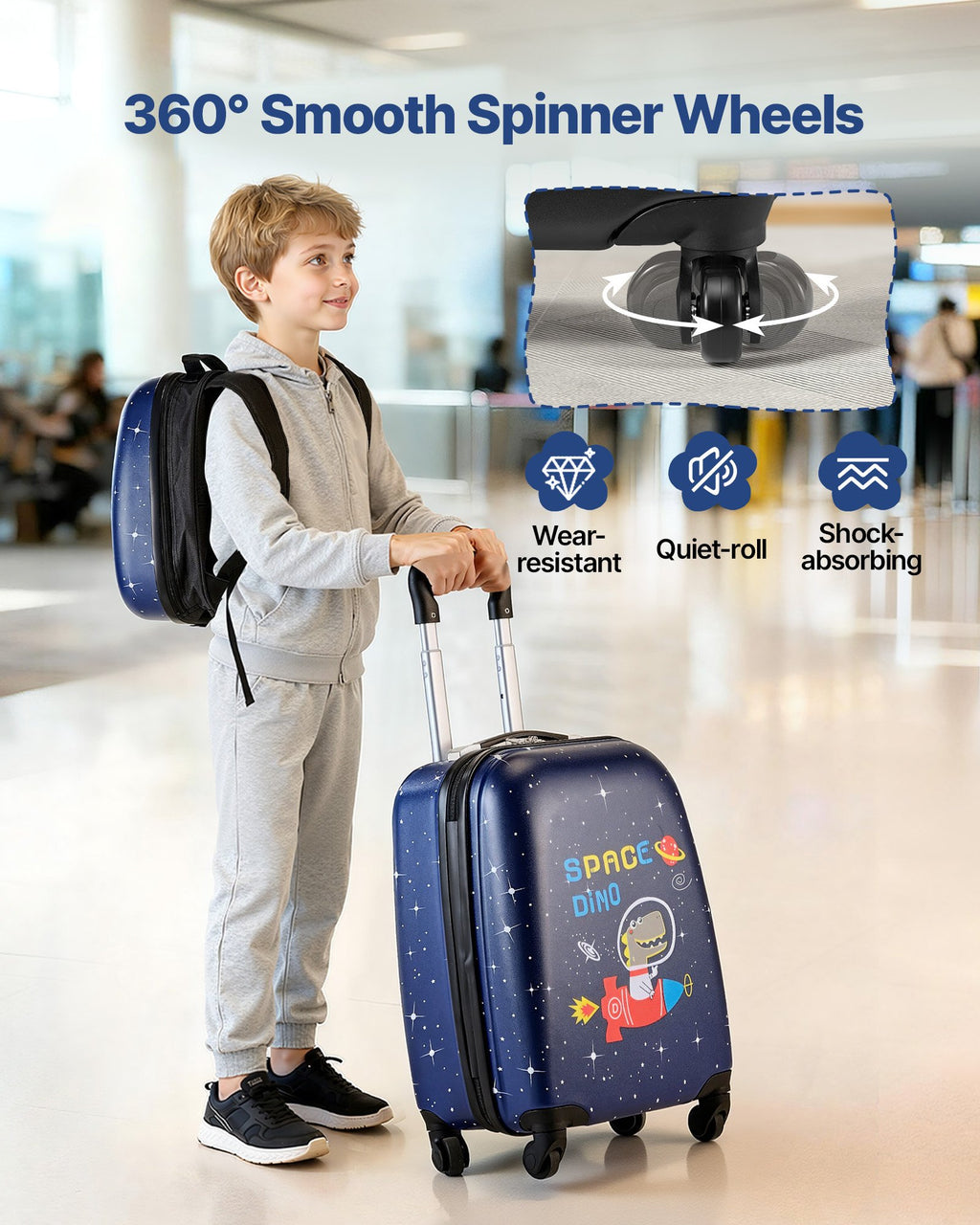 VEVOR Kids Luggage Set, 2 Piece, 45.7 cm Hardside Rolling Wheels Suitcase with Hard-Shell Backpack, Dinosaur Kids Carry on Luggage Set, Holiday Birthday Present for Girls & Boys, Airline Approved
