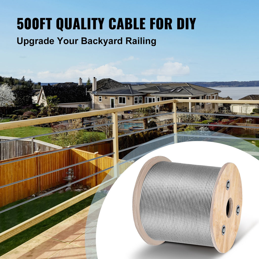 VEVOR 1/8 Stainless Steel Cable Railing 500ft, Wire Rope 316 Marine Grade, Braided Aircraft Cable 7x7 Strands Construction for Deck Rail Balusters Stair Handrail Porch Fence