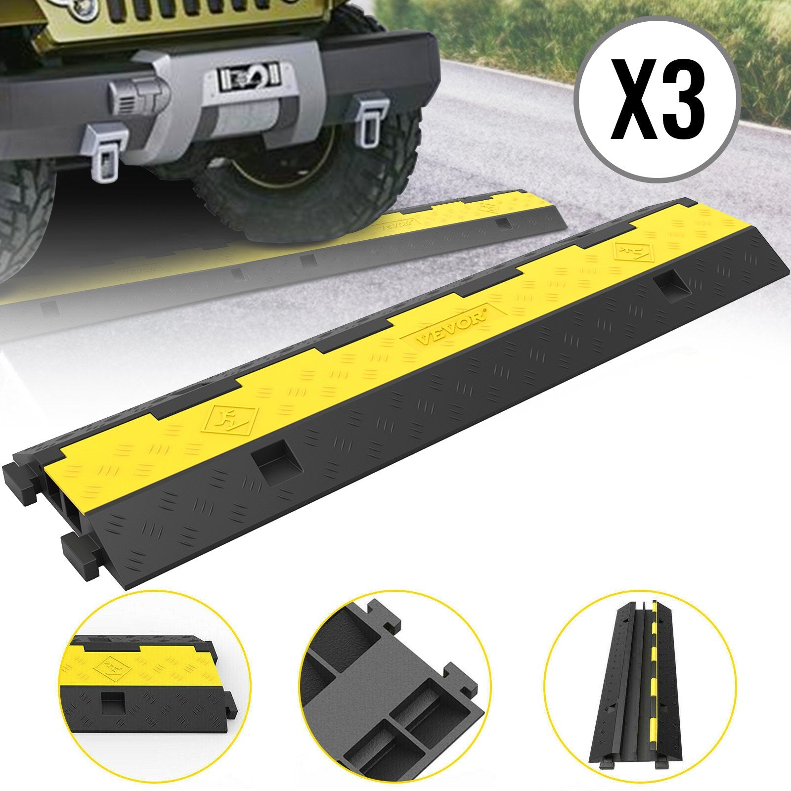 VEVOR 3 Pcs 2-Cable Rubber Electrical Wire Cover Cord Protector Ramp 11000 lbs