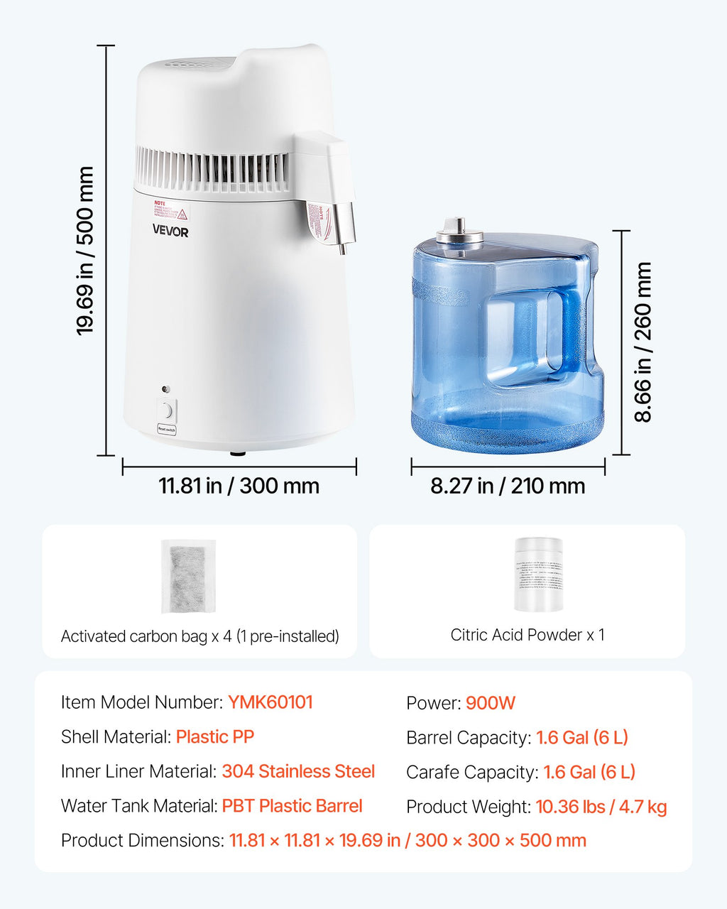 VEVOR 6L Water Distiller Home Countertop Purifier Machine 900W Plastic Container