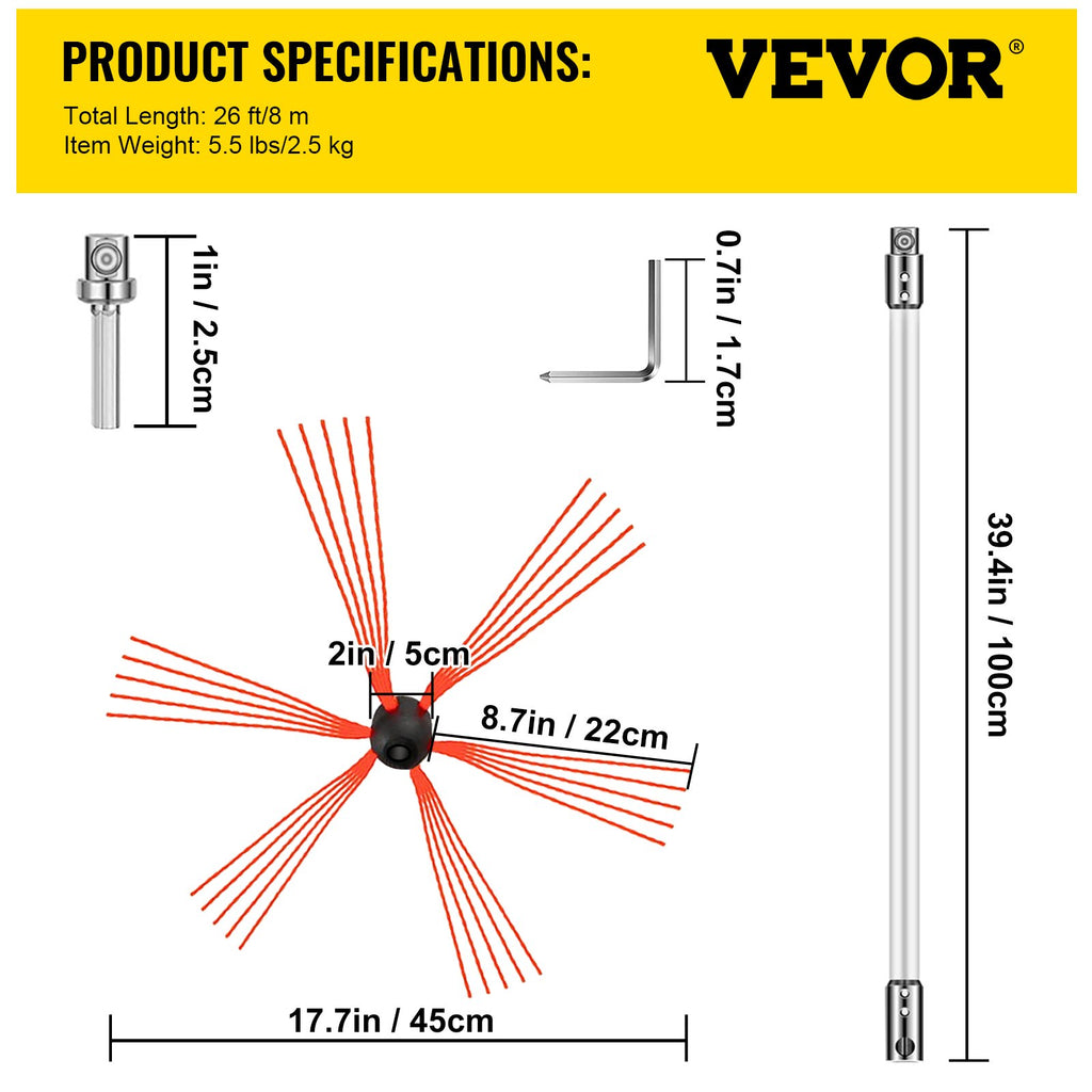 VEVOR Chimney Sweeping Brush Rotary Chimney Brush 315Inch Chimney Brush Rod Kit 8 Rods with Nylon Flexible Rods (8 Rods)