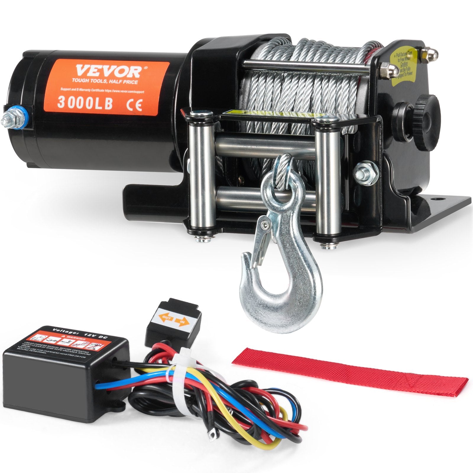 VEVOR Electric Winch, 1361 kg Line Pull Capacity, 12V DC ATV/UTV Winch with Φ0.5 x 1188.7 cm 7 Strands Steel Cable Roller Fairlead Wired Remote Control, IP55 Waterproof for Towing UTV ATV Off-Road