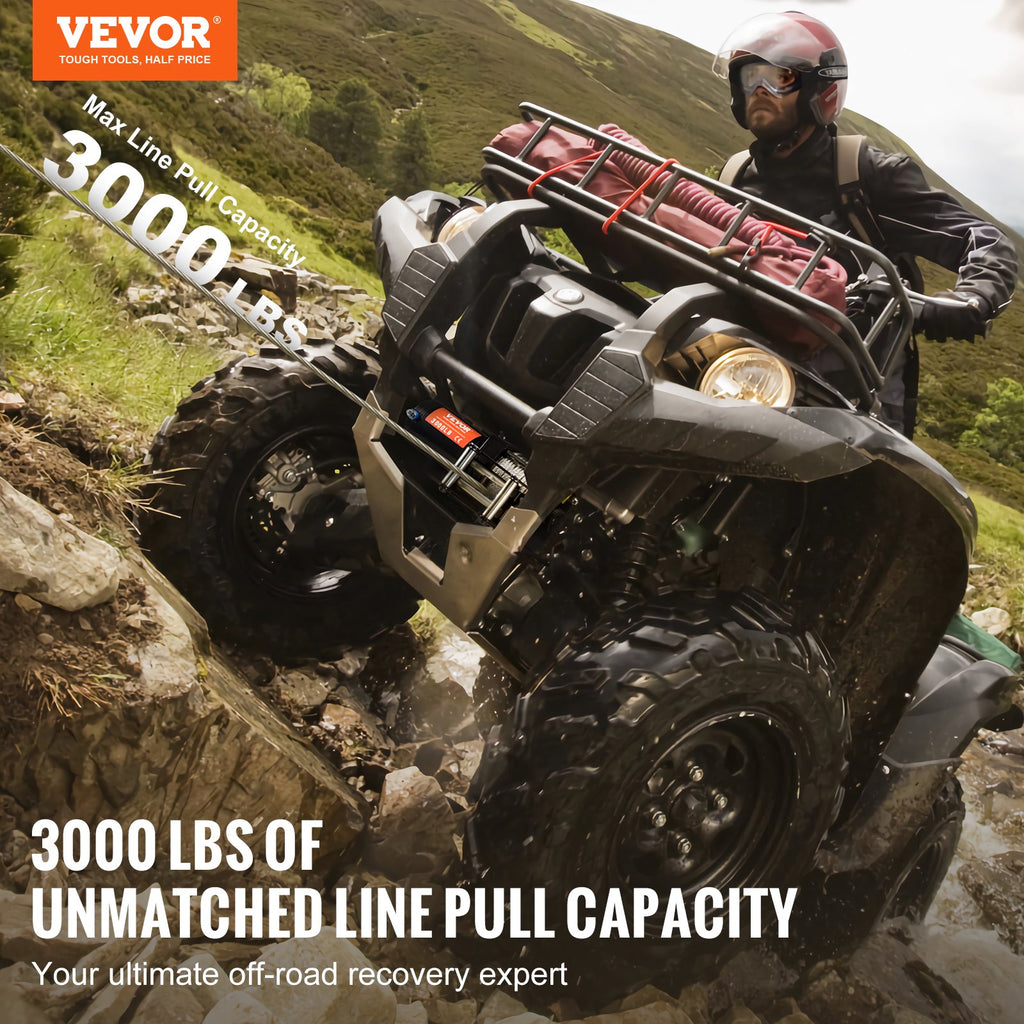 VEVOR Electric Winch, 1361 kg Line Pull Capacity, 12V DC ATV/UTV Winch with Φ0.5 x 1188.7 cm 7 Strands Steel Cable Roller Fairlead Wired Remote Control, IP55 Waterproof for Towing UTV ATV Off-Road