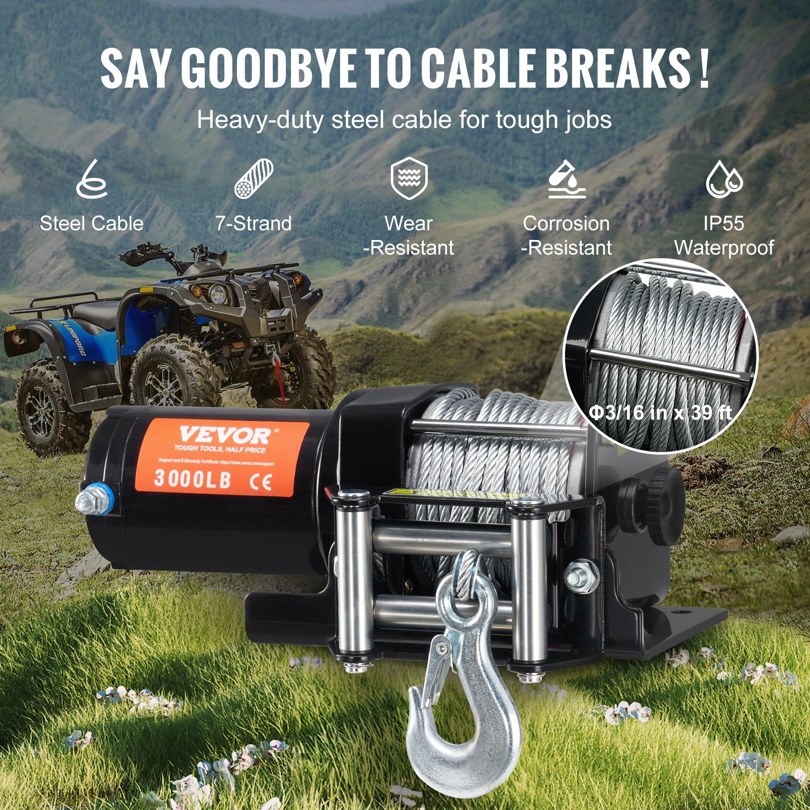 VEVOR Electric Winch, 1361 kg Line Pull Capacity, 12V DC ATV/UTV Winch with Φ0.5 x 1188.7 cm 7 Strands Steel Cable Roller Fairlead Wired Remote Control, IP55 Waterproof for Towing UTV ATV Off-Road