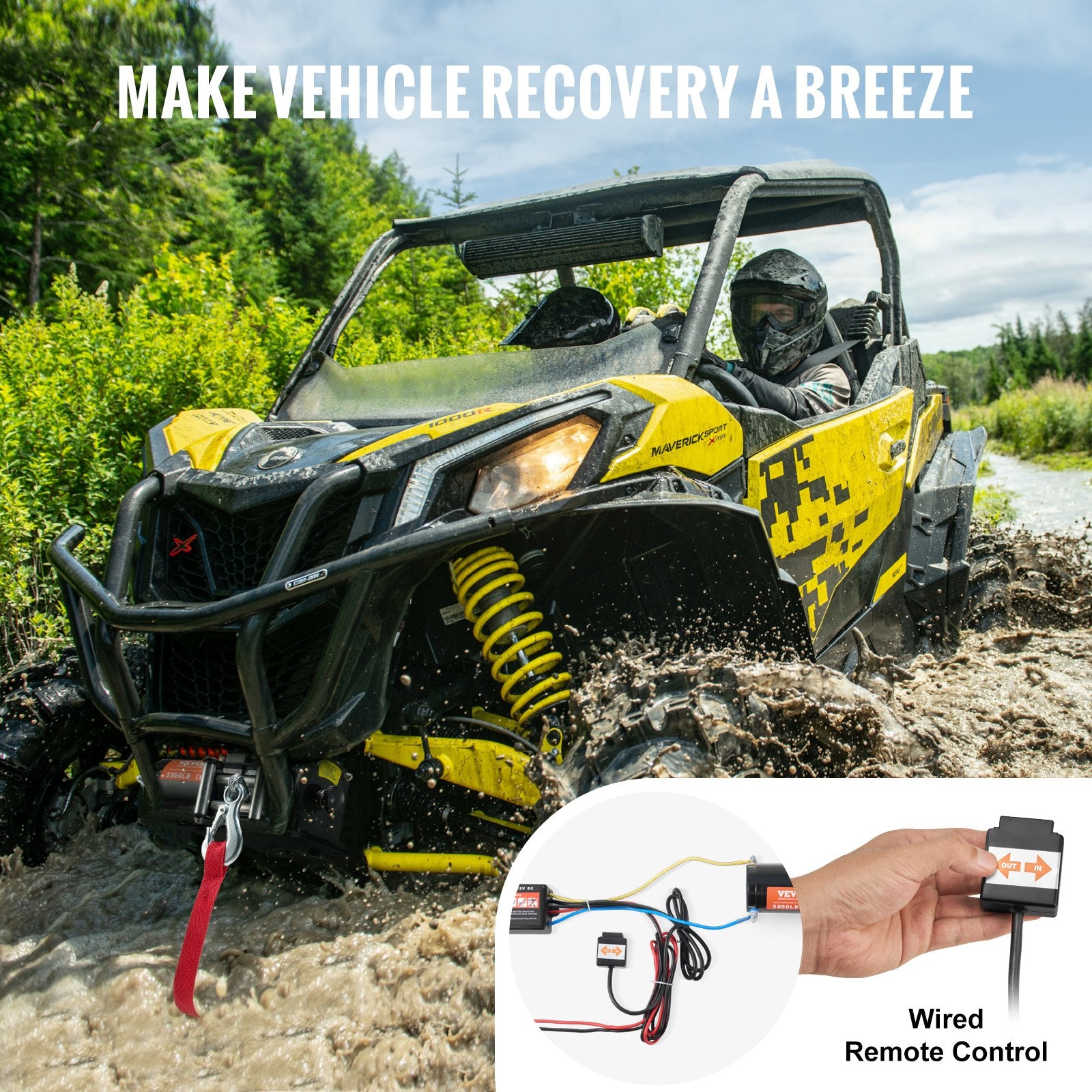 VEVOR Electric Winch, 1361 kg Line Pull Capacity, 12V DC ATV/UTV Winch with Φ0.5 x 1188.7 cm 7 Strands Steel Cable Roller Fairlead Wired Remote Control, IP55 Waterproof for Towing UTV ATV Off-Road