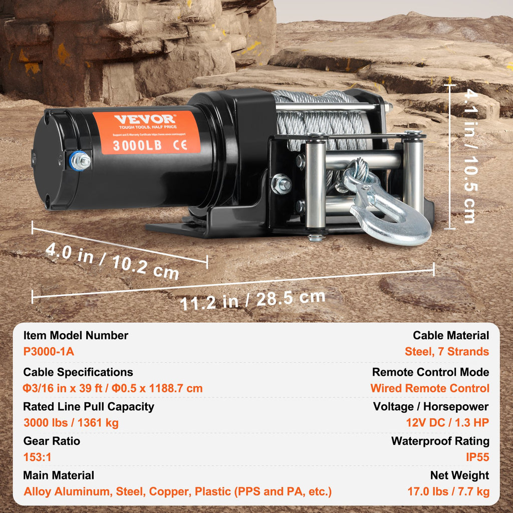 VEVOR Electric Winch, 1361 kg Line Pull Capacity, 12V DC ATV/UTV Winch with Φ0.5 x 1188.7 cm 7 Strands Steel Cable Roller Fairlead Wired Remote Control, IP55 Waterproof for Towing UTV ATV Off-Road