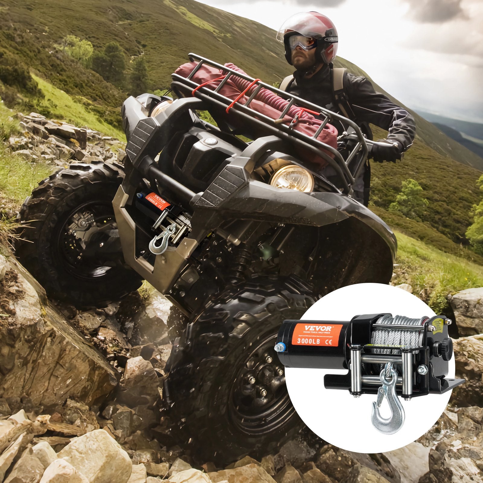 VEVOR Electric Winch, 1361 kg Line Pull Capacity, 12V DC ATV/UTV Winch with Φ0.5 x 1188.7 cm 7 Strands Steel Cable Roller Fairlead Wired Remote Control, IP55 Waterproof for Towing UTV ATV Off-Road