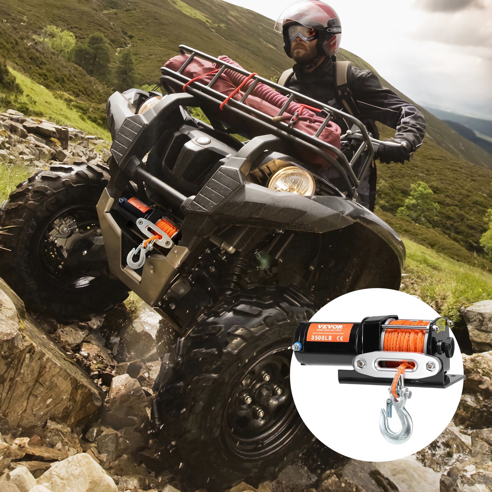 VEVOR Electric Winch, 1588 kg Line Pull Capacity, 12V DC ATV Winch with Φ0.5 x 1188.7 cm 12 Strands Synthetic Rope Aluminum Fairlead Wired Remote Control, IP55 Waterproof for Towing ATV Boat