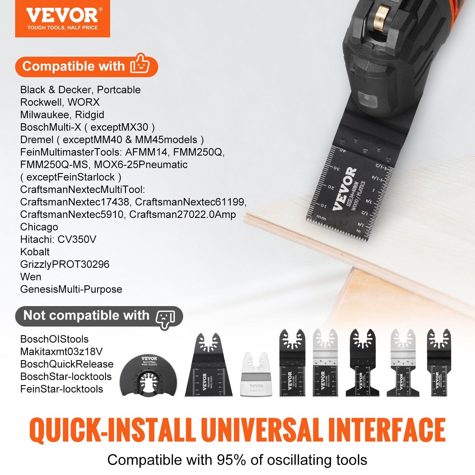 VEVOR 30PCS Multi Tool Blades Kits, Universal Quick Release Oscillating Saw Blades, 8 Types Wood Metal Plastic Oscillating Tool Blades, Fit Dewalt Bosch Milwaukee Hitachi Chicago Craftsman