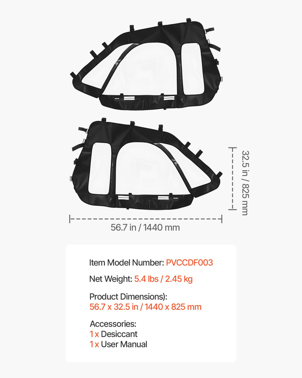 VEVOR Cab Enclosure Upper Doors, Compatible with Polaris RZR XP 1000/XP Turbo 2014-2023, Soft Upper Doors, Windproof Upgraded Zipper UTV Soft Side Window Kit, Work with Side Mirrors and Windshields
