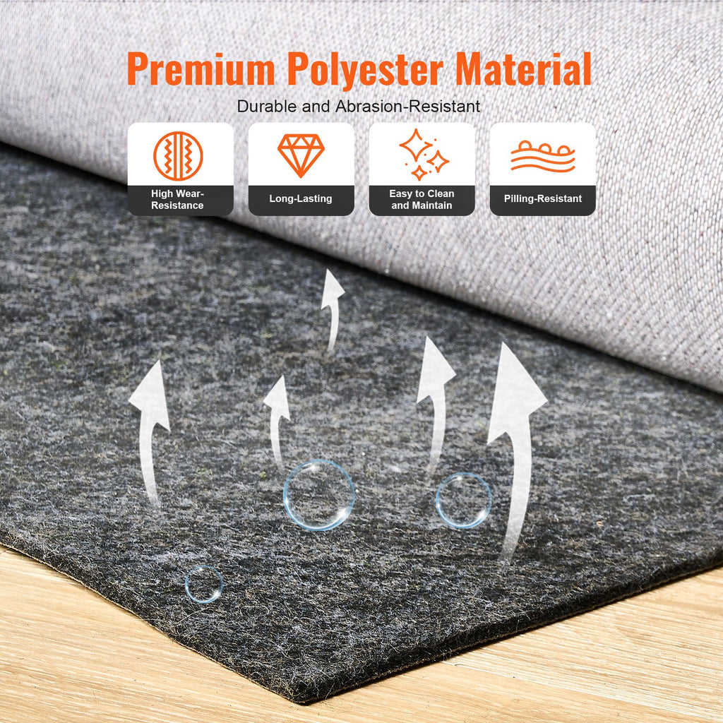 VEVOR Rug Pad Without Slip Resistance, Protective Cushioning Carpet Pad, 9' x 12', 1/4"Thick, 100% Pure Polyester Felt, 10-11㎡ Premium Comfort Underfoot Carpet Padding Rug Cushion for All Floors, Gray