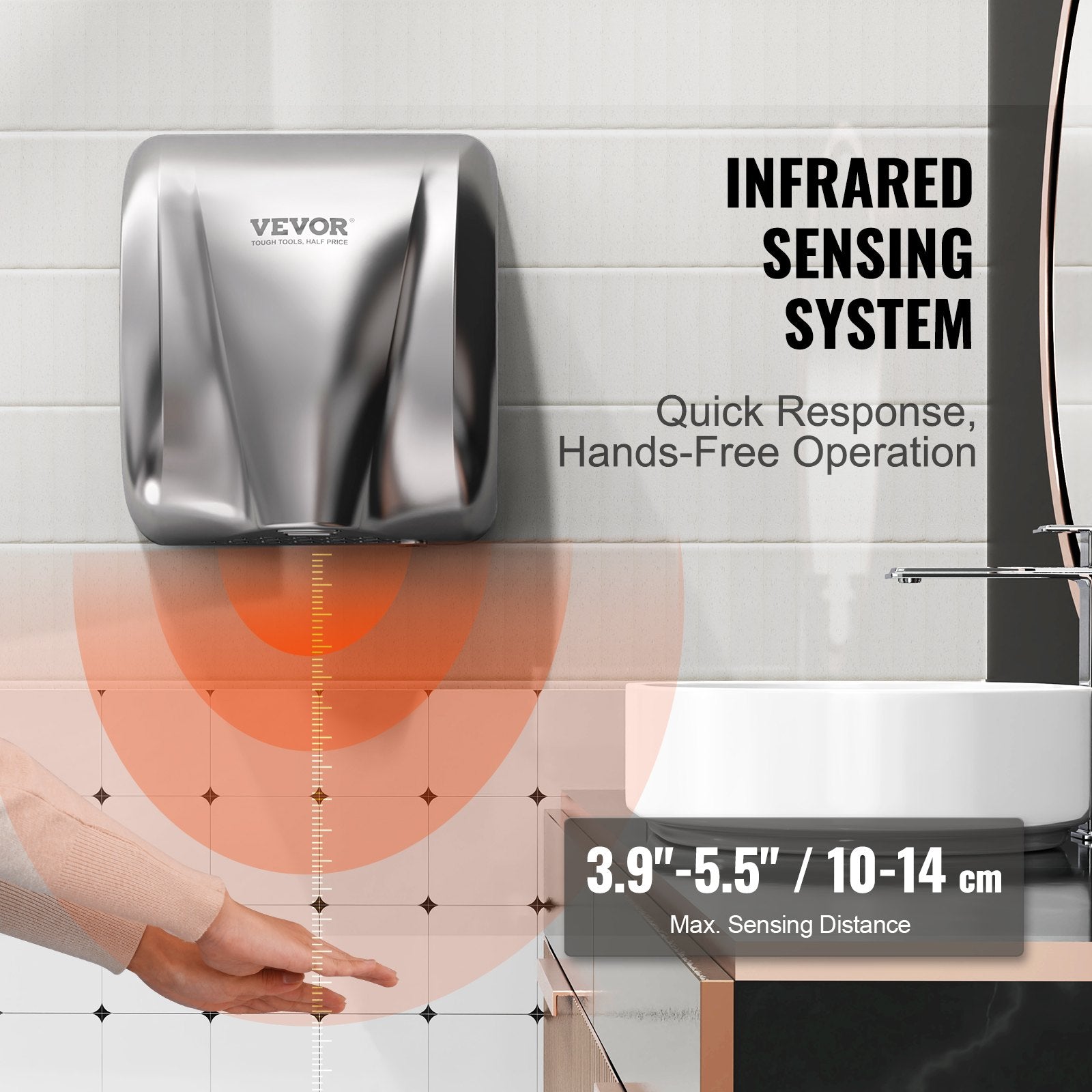 VEVOR Heavy Duty Commercial Hand Dryer, 1800W Automatic High Speed Stainless Steel Warm Wind Hand Blower, 220V-240V Plug In/Hardwired Two Power Options, Compliant for Industry Business Restrooms