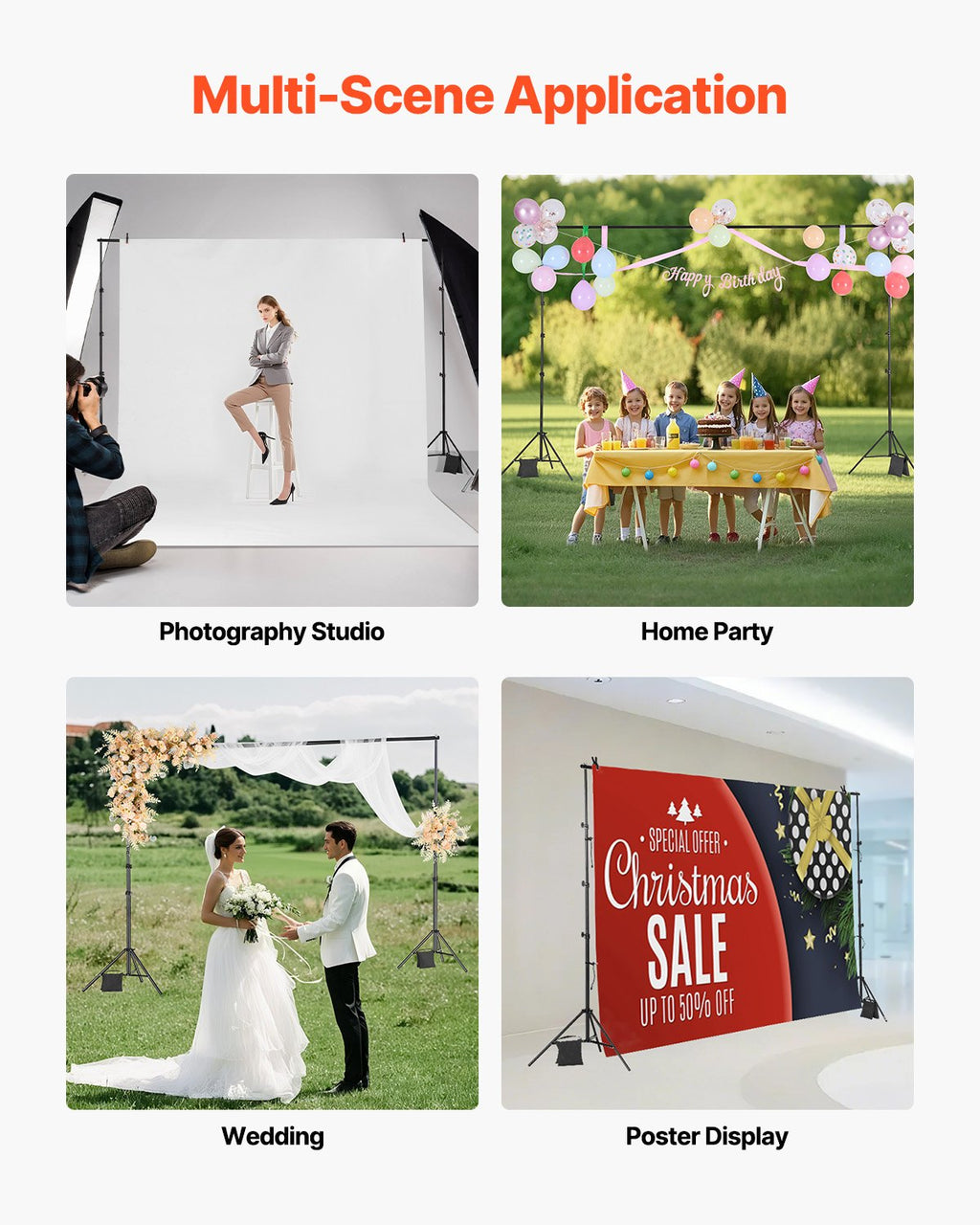 VEVOR Backdrop Stand, 298 x 300 cm Adjustable Photo Backdrop Stand Kit, Portable Background Backdrop Stand with 4 Crossbars, Heavy Duty Projector Screen Stand, for Wedding, Photo Video Studio & Party