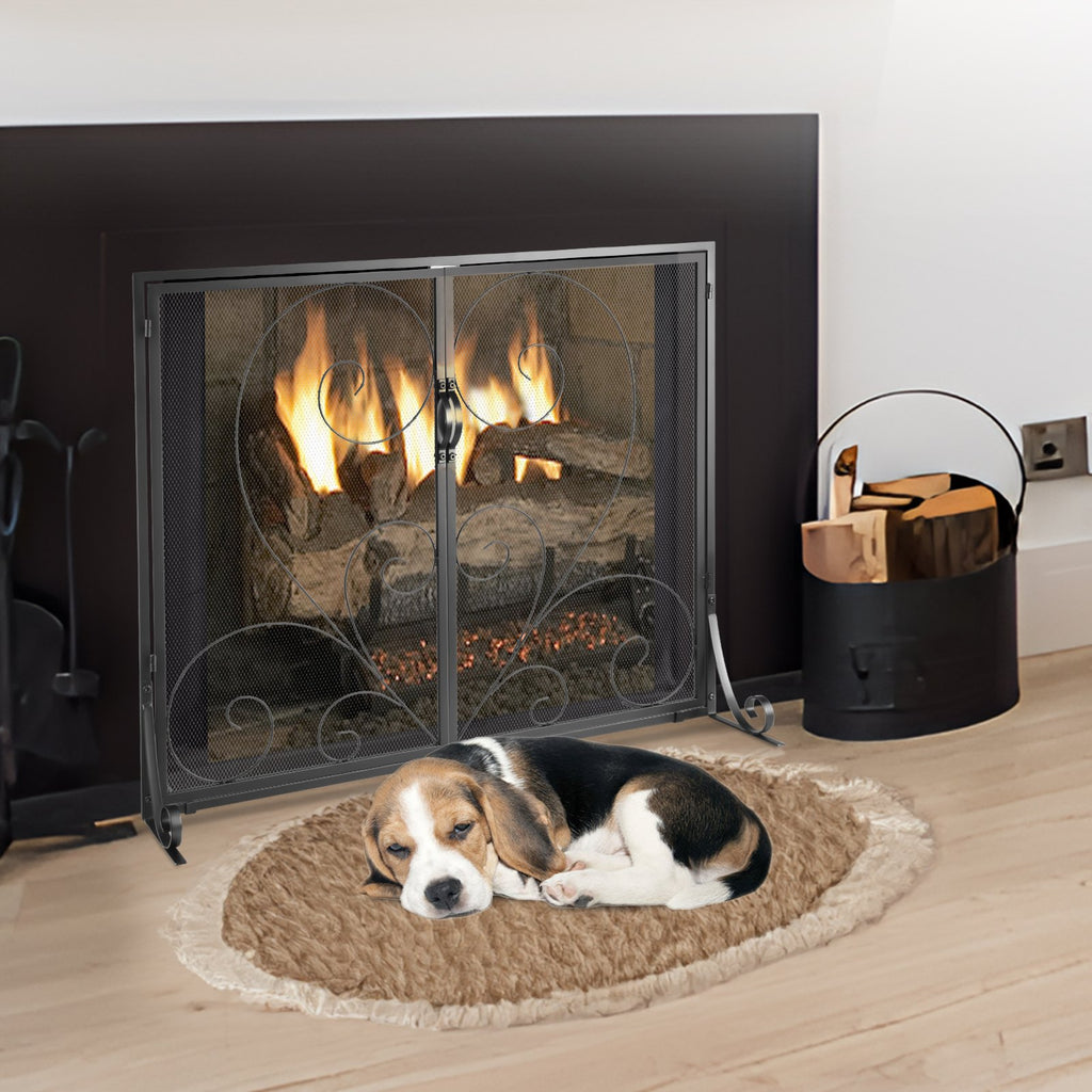 VEVOR 990x802MM Fireplace Screen 2-Panel Iron Mesh Spark Guard Vintage Black