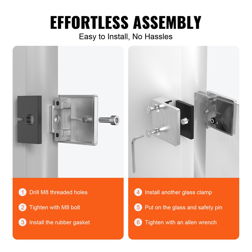 VEVOR Glass Clamp, 4 PCS Square Glass Railing Bracket for 0.31 "-0.47 " Tempered Glass, 304 Stainless Steel Glass Mounting Clamp, Glass Shelf Bracket for Balcony, Garden, Pool, Stair, Silver