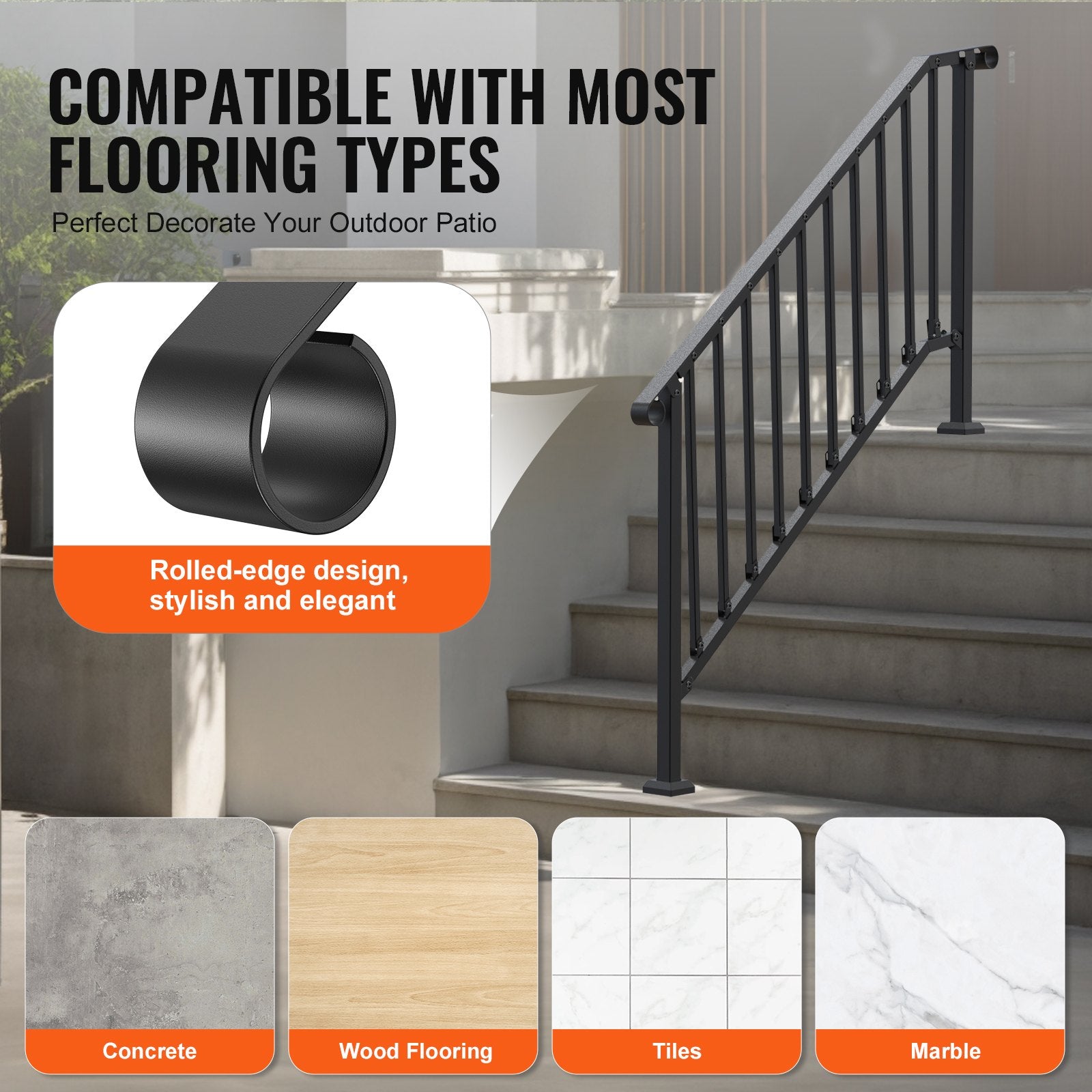 VEVOR Handrails for Outdoor Steps, 5 Step Stair Hand Rail Kit, Transitional Carbon Steel Railings with Installation Kit, Stair Rails for Seniors, Concrete Steps & Porch & Deck, Black Retro Arch