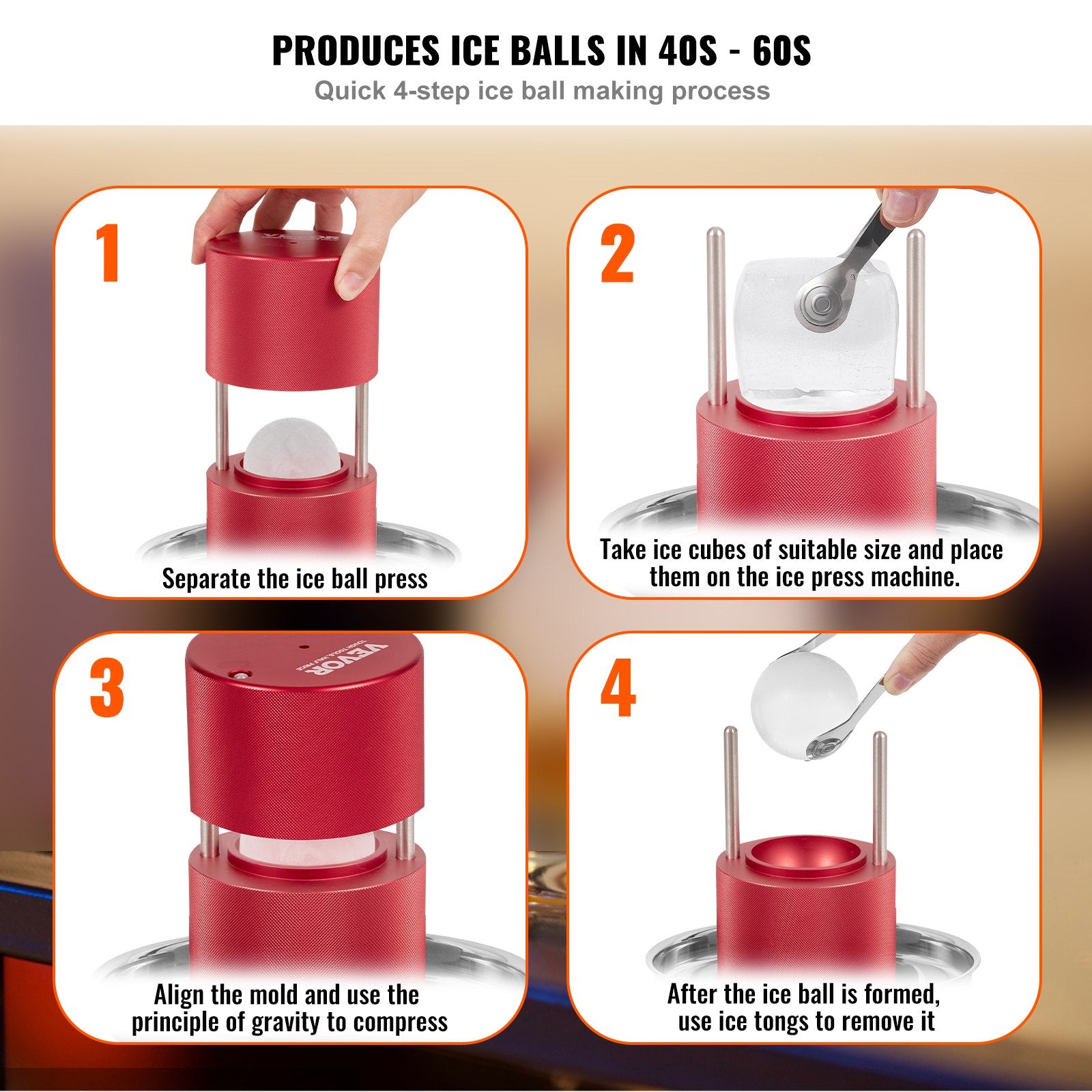 VEVOR Ice Ball Press, 6cm Ice Ball Maker, Aircraft Al Alloy Ice Ball Press Kit for 60mm Ice Sphere, Ice Press with Tong and Drip Tray, for Whiskey, Cocktail, Bourbon, Scot on Party & Holiday, Red