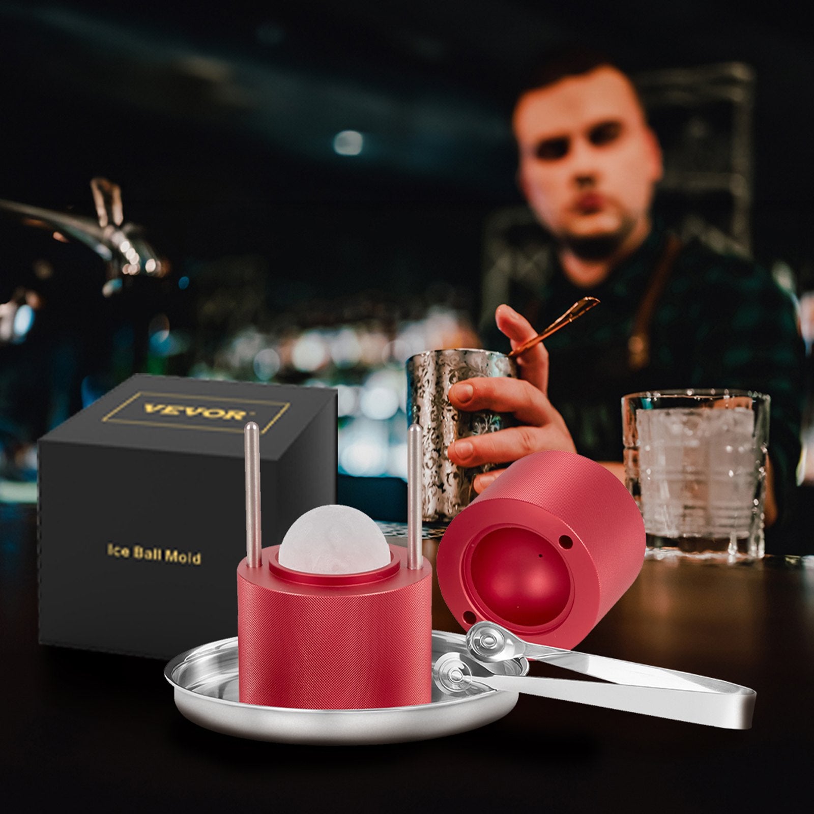 VEVOR Ice Ball Press, 6cm Ice Ball Maker, Aircraft Al Alloy Ice Ball Press Kit for 60mm Ice Sphere, Ice Press with Tong and Drip Tray, for Whiskey, Cocktail, Bourbon, Scot on Party & Holiday, Red