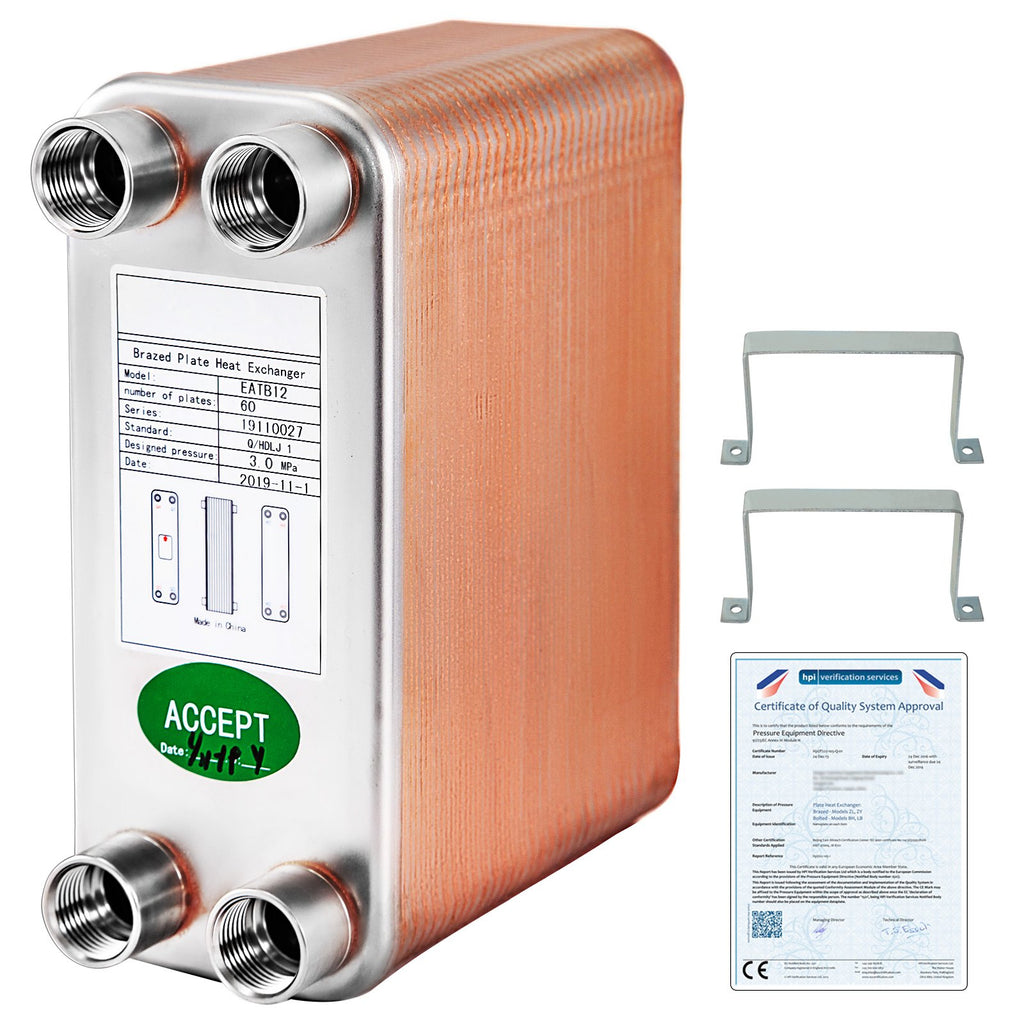 VEVOR Heat Exchanger 3"x7.5" 60 Plates Brazed Plate Heat Exchanger 316L 1/2" BSP FPT Heat Exchanger EATB12 Beer Wort Chiller for Hydronic Heating