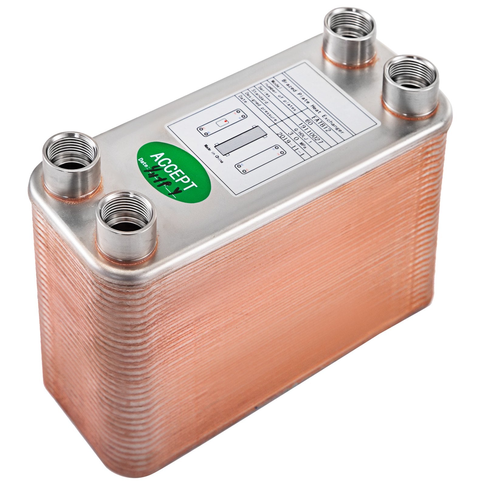 VEVOR Heat Exchanger 3"x7.5" 60 Plates Brazed Plate Heat Exchanger 316L 1/2" BSP FPT Heat Exchanger EATB12 Beer Wort Chiller for Hydronic Heating