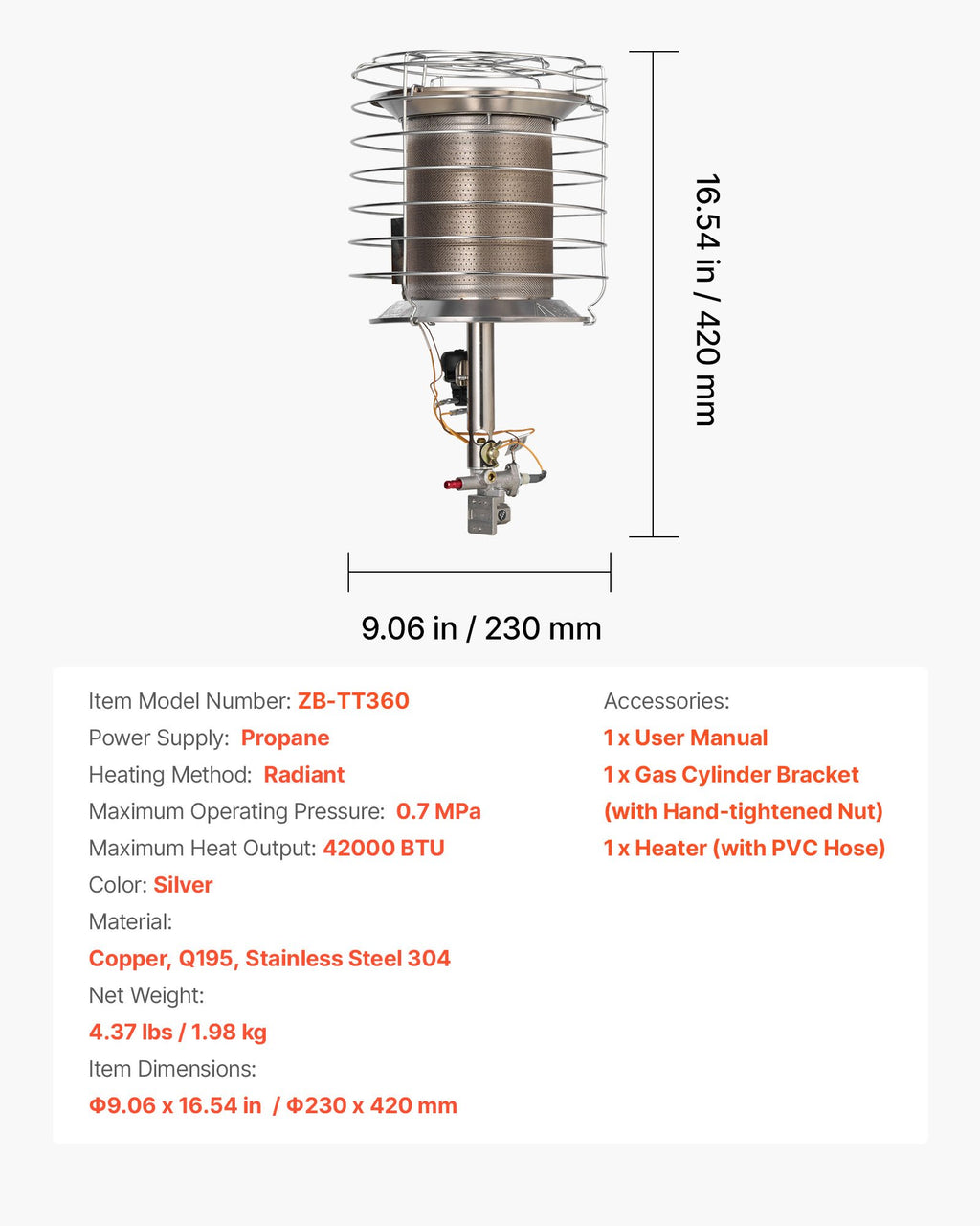 VEVOR Propane Tank Top Heater, 42000 BTU Rapid Heating 360-Degree Infrared Radiant Tank Top Gas Heater, Stepless Temperature Adjustment for Ice Fishing/ Hunting/Outdoor Work, Single Burner