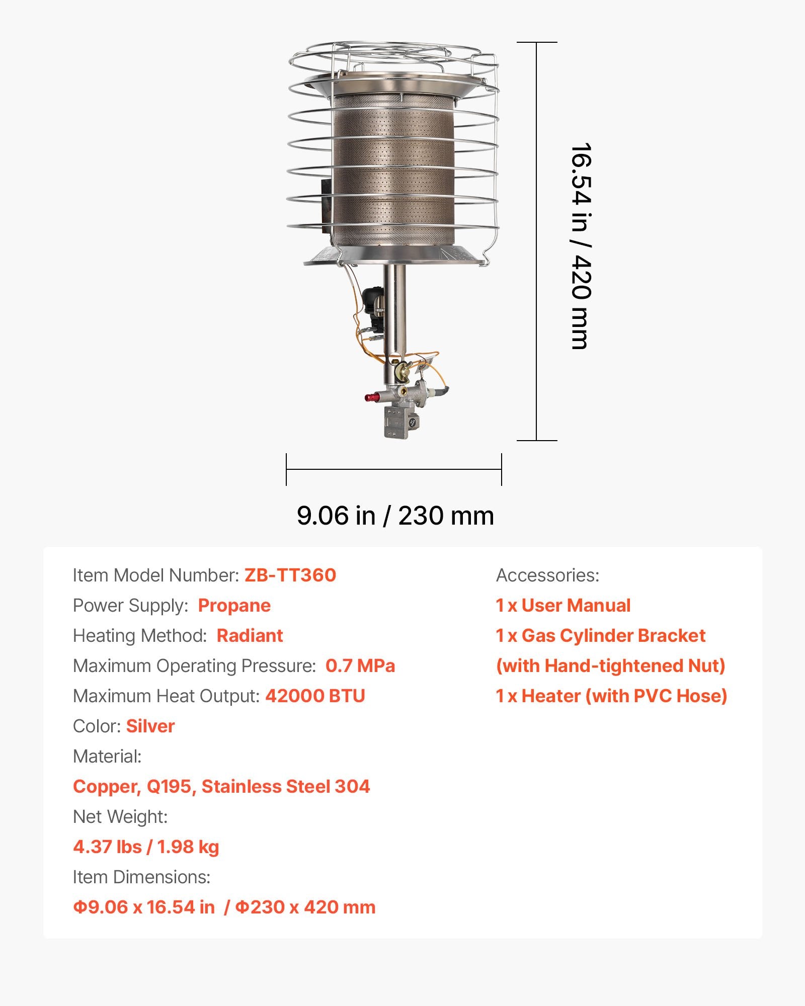 VEVOR Propane Tank Top Heater, 42000 BTU Rapid Heating 360-Degree Infrared Radiant Tank Top Gas Heater, Stepless Temperature Adjustment for Ice Fishing/ Hunting/Outdoor Work, Single Burner