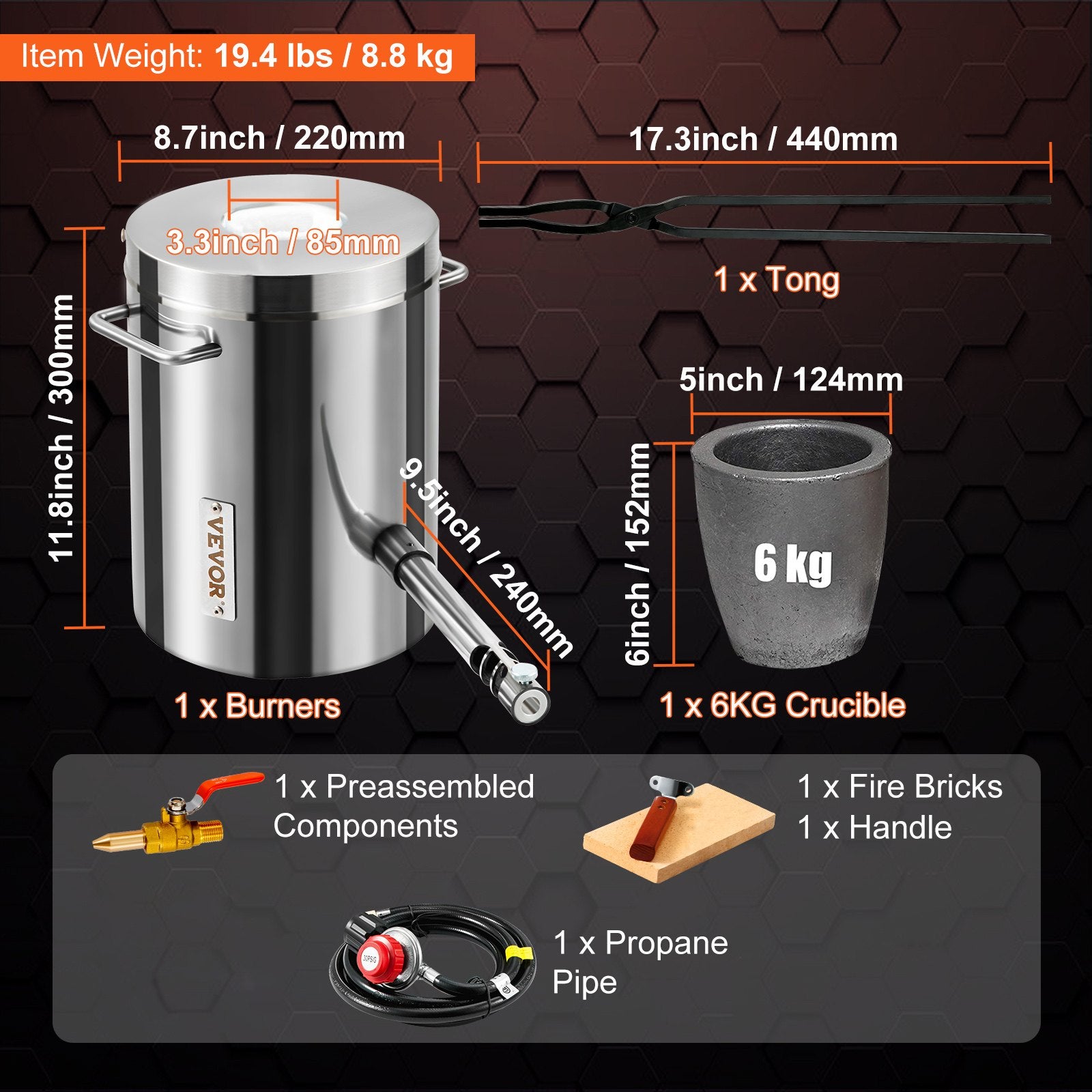 VEVOR 6KG Propane Melting Furnace Kit Melting Furnace Stainless Steel 2700℉