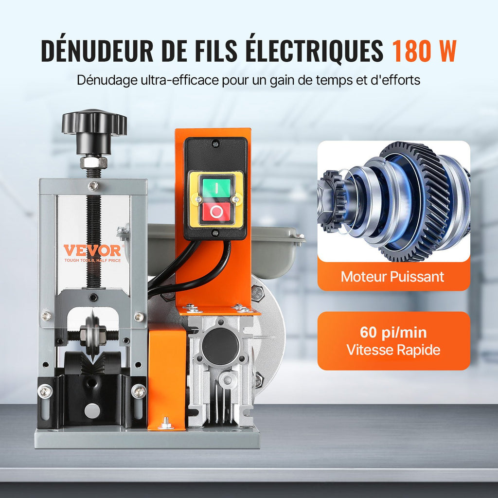 VEVOR Automatic Wire Stripping Machine, 0.06''-1.18'' Electric Motorized Cable Stripper, 180 W, 60 ft/min Wire Peeler with Visible Stripping Depth Reference, for Scrap Copper Recycling