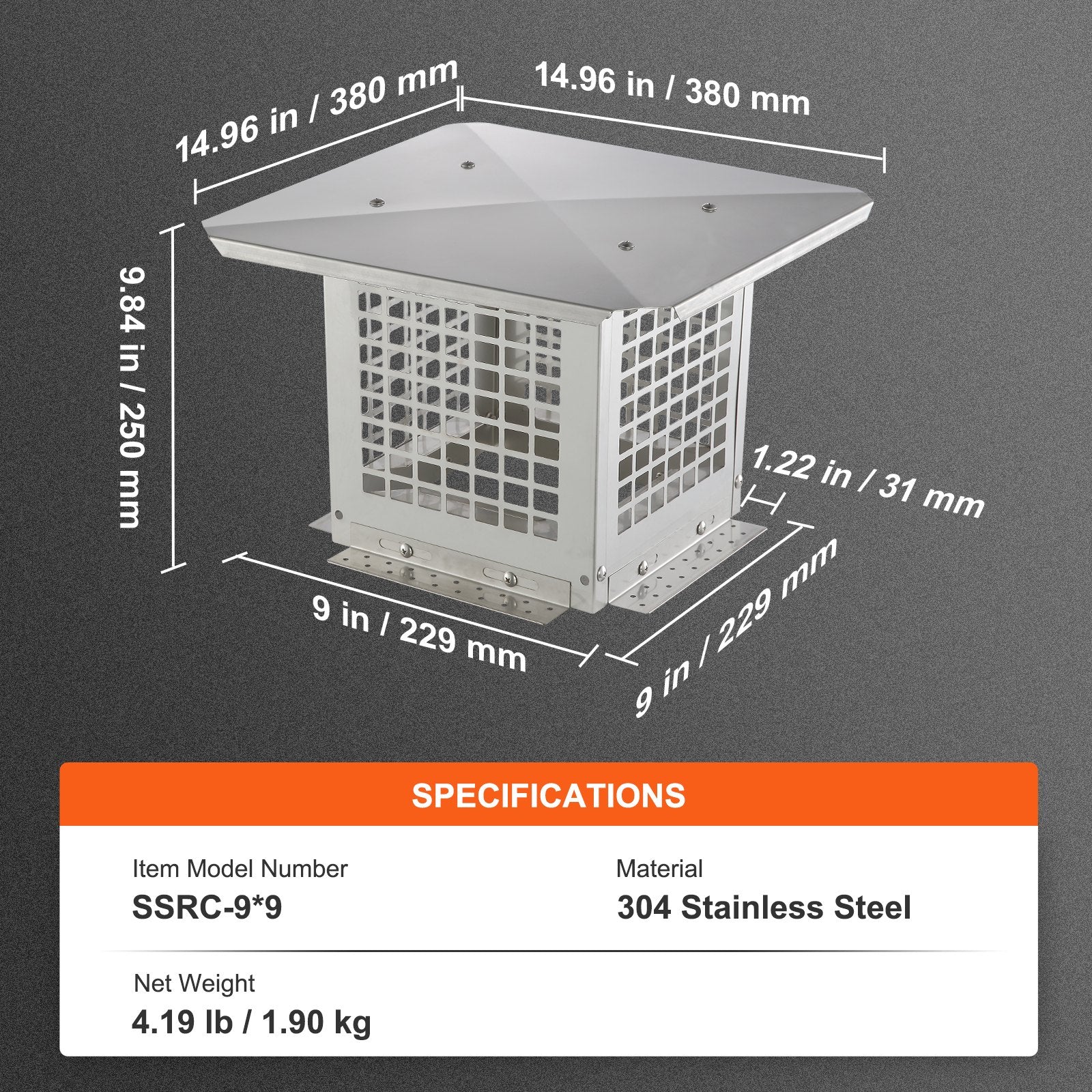 VEVOR Chimney Cap 9” x 9” 304Stainless Steel Fireplace Flue Caps Cover Mesh