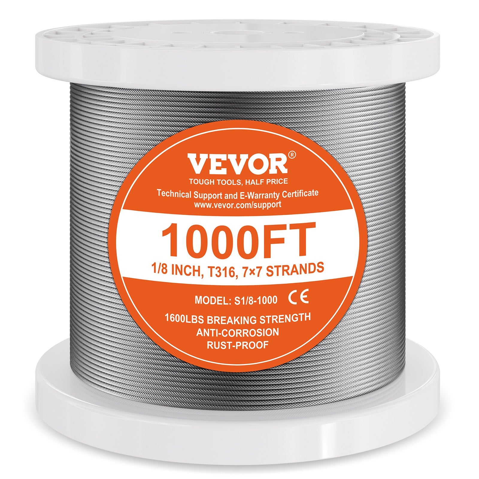 VEVOR Wire Rope Kit, 3.18 mm 305 m 316 Stainless Steel Cable with Cutter and Gloves, 7.1KN Breaking Strength, 7x7 Strands Construction Marine Aircraft Grade for Handrail Stair Decking Fence Outdoors