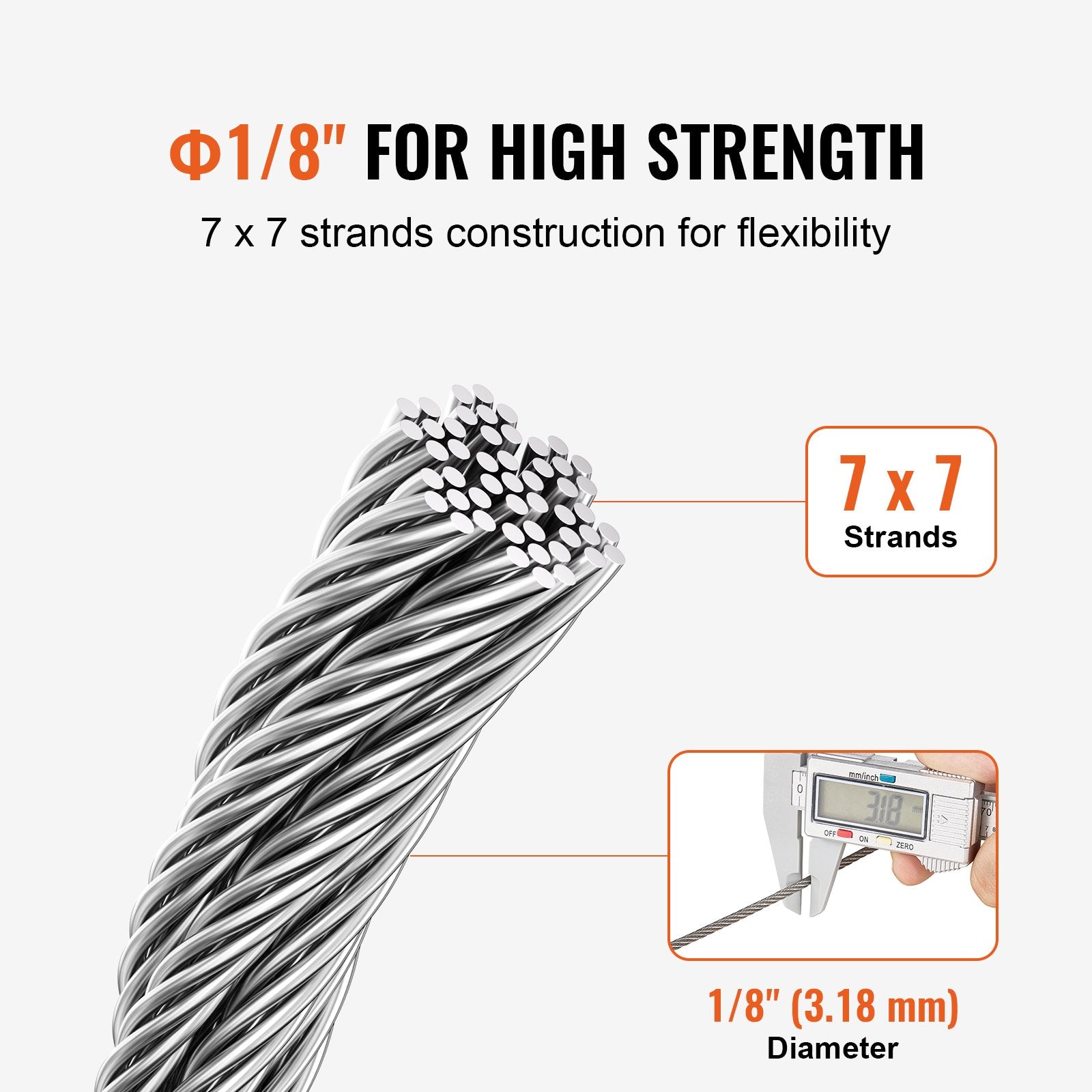 VEVOR Wire Rope Kit, 3.18 mm 305 m 316 Stainless Steel Cable with Cutter and Gloves, 7.1KN Breaking Strength, 7x7 Strands Construction Marine Aircraft Grade for Handrail Stair Decking Fence Outdoors