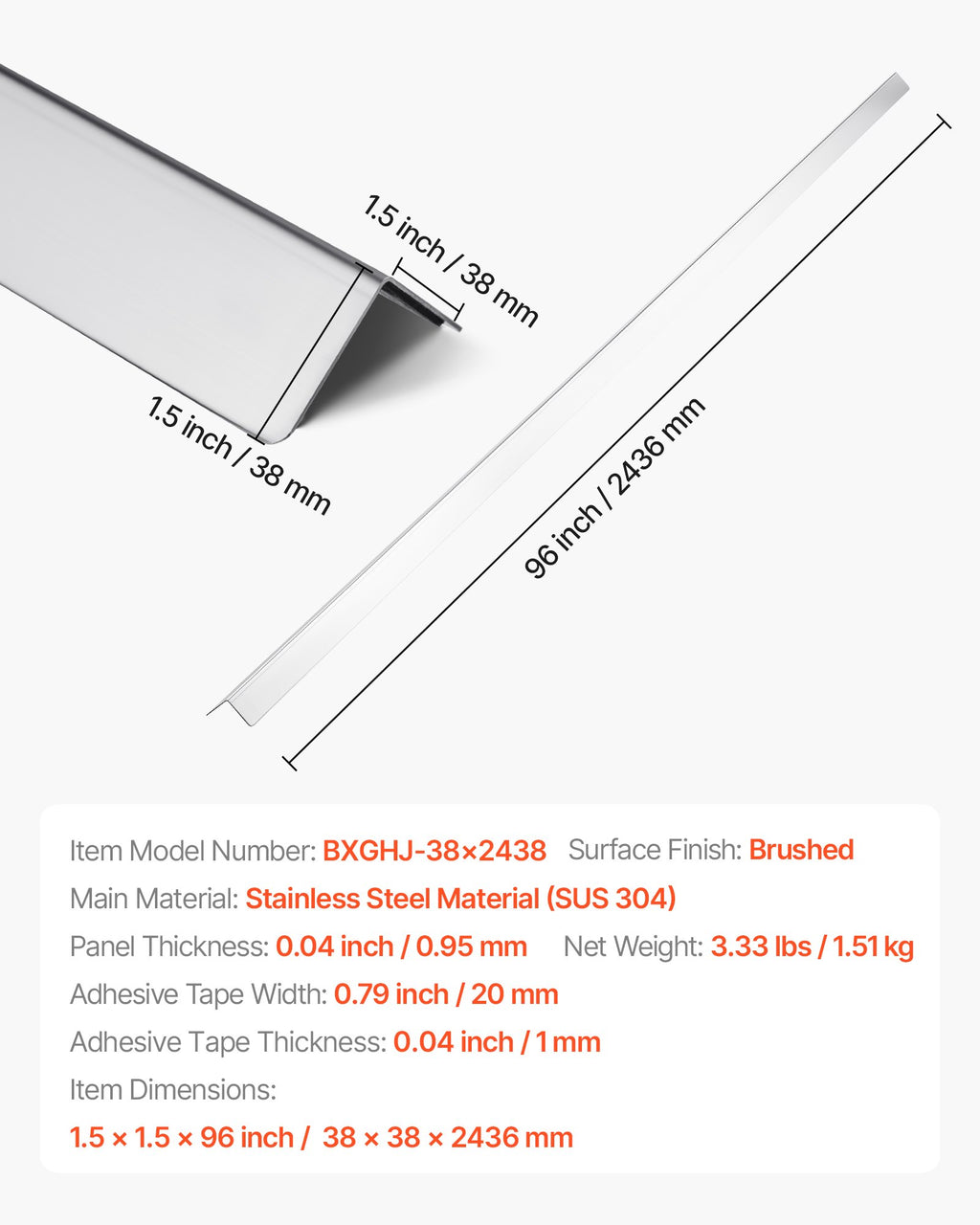 VEVOR Stainless Steel Wall Corner Protector, 38 x 38 x 2436 mm, 10 Pack Metal Corner Guards, 304 Stainless Steel Edge Trim 90-Degree Angle for Home,Office,Commercial Wall Protection, with 3m Tape