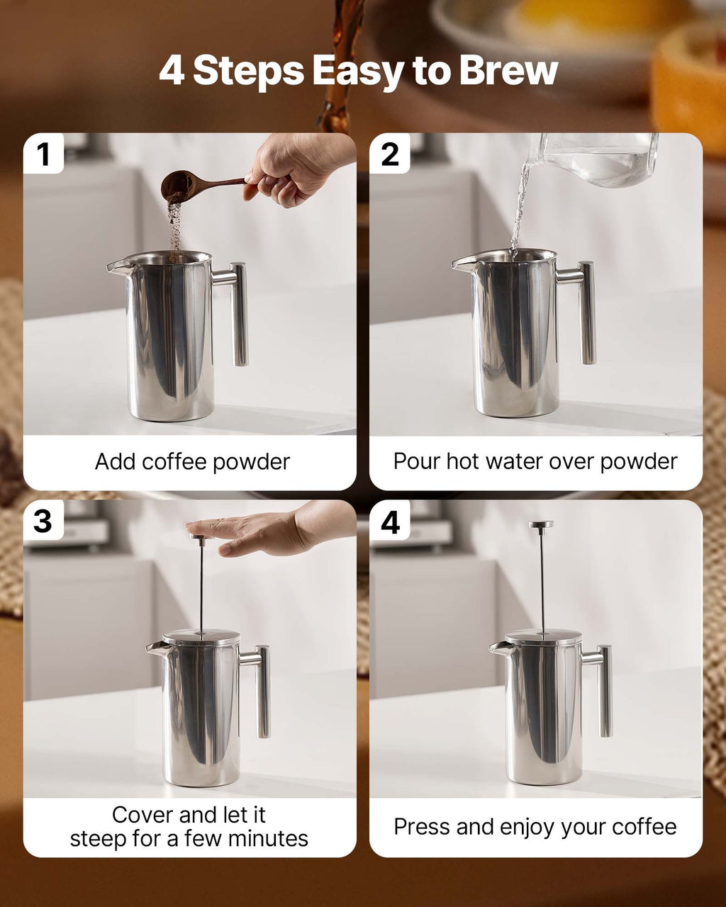 VEVOR French Press Coffee Maker, 1 Liter Stainless Steel Coffee Press Tea Maker with Filter, Large Double Wall Insulated French Presses Cold Brew for Camping Travel Home Kitchen, Silver