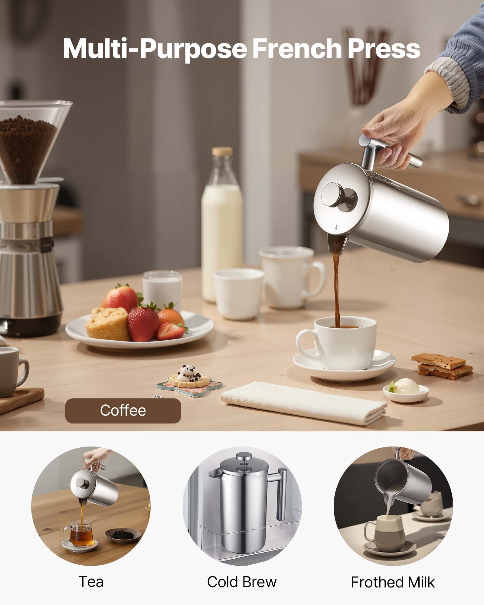 VEVOR French Press Coffee Maker, 1 Liter Stainless Steel Coffee Press Tea Maker with Filter, Large Double Wall Insulated French Presses Cold Brew for Camping Travel Home Kitchen, Silver