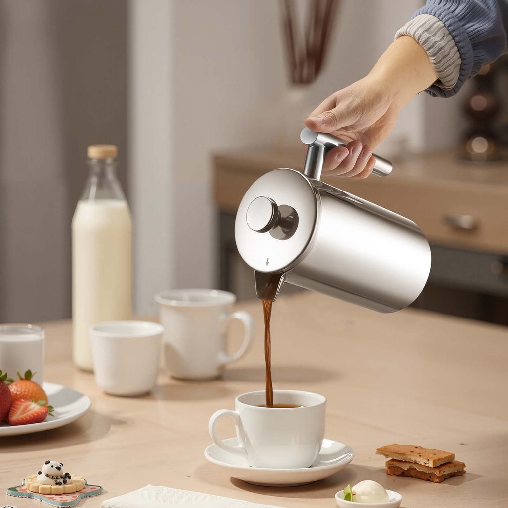 VEVOR French Press Coffee Maker, 1 Liter Stainless Steel Coffee Press Tea Maker with Filter, Large Double Wall Insulated French Presses Cold Brew for Camping Travel Home Kitchen, Silver